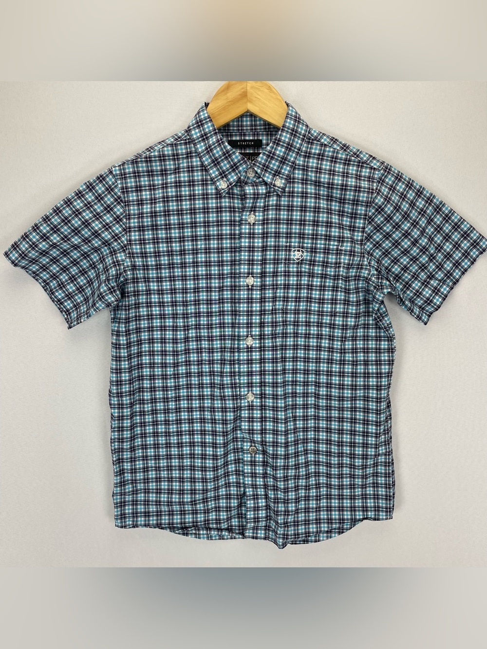 Ariat Pro Series Shirt Youth Boy M (10-12) Blue Check Plaid Short Sleeve Western